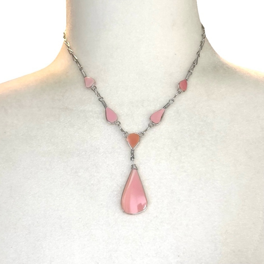Genuine Pink Gem Necklace 16” Silver-tone Chain Y Style